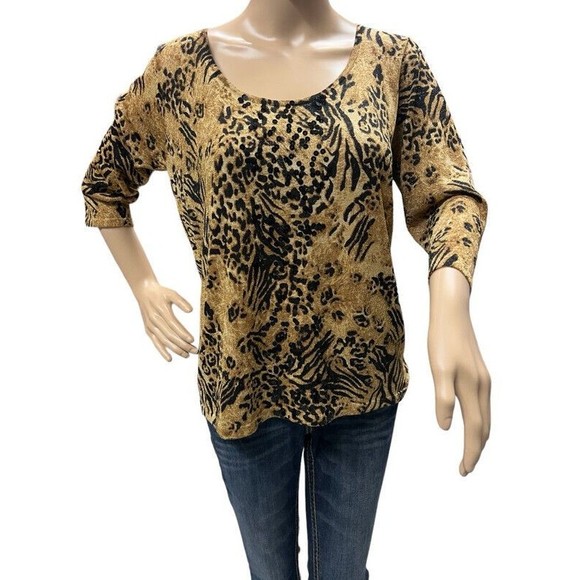 August Silk Black Brown Leopard Print Silk Blend Sequined Metallic Shirt Top L - Picture 1 of 9